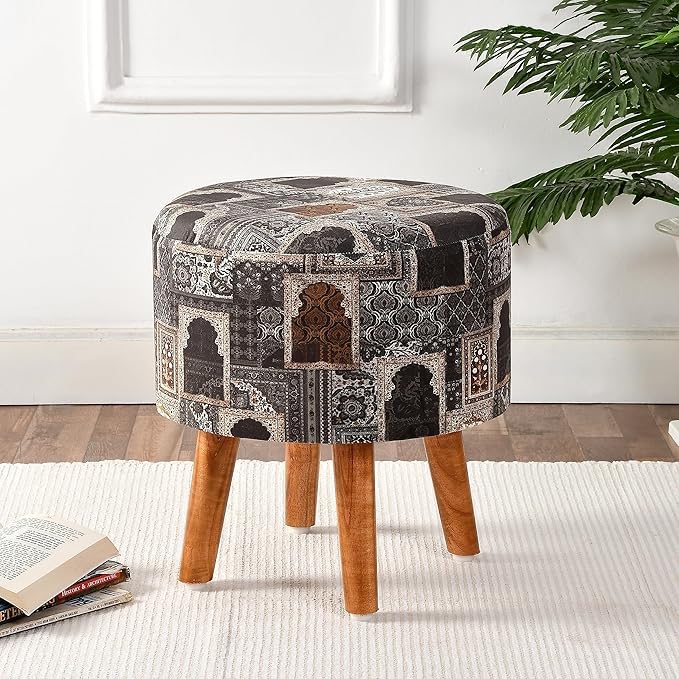 Image of NACIA Printed Sitting Ottoman Stool (16X16X17 Inches) for Living Room, Bedroom | Wooden Pouffes for Sitting & Footrest | Puffy Foot Stool Furniture for Home Decor, (Black Drbr)
