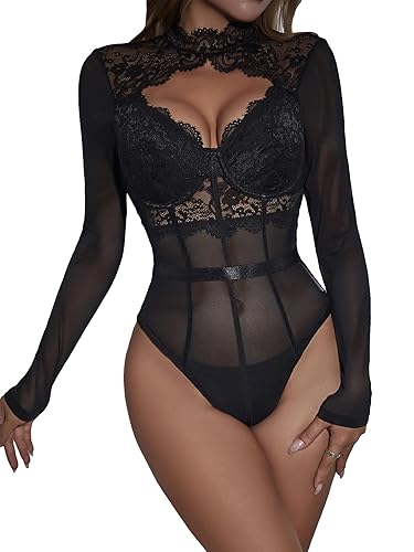 SHENHE Women's Stand Collar Contrast Lace Long Sleeve Cut Out Mesh Bodysuit - Large - Black