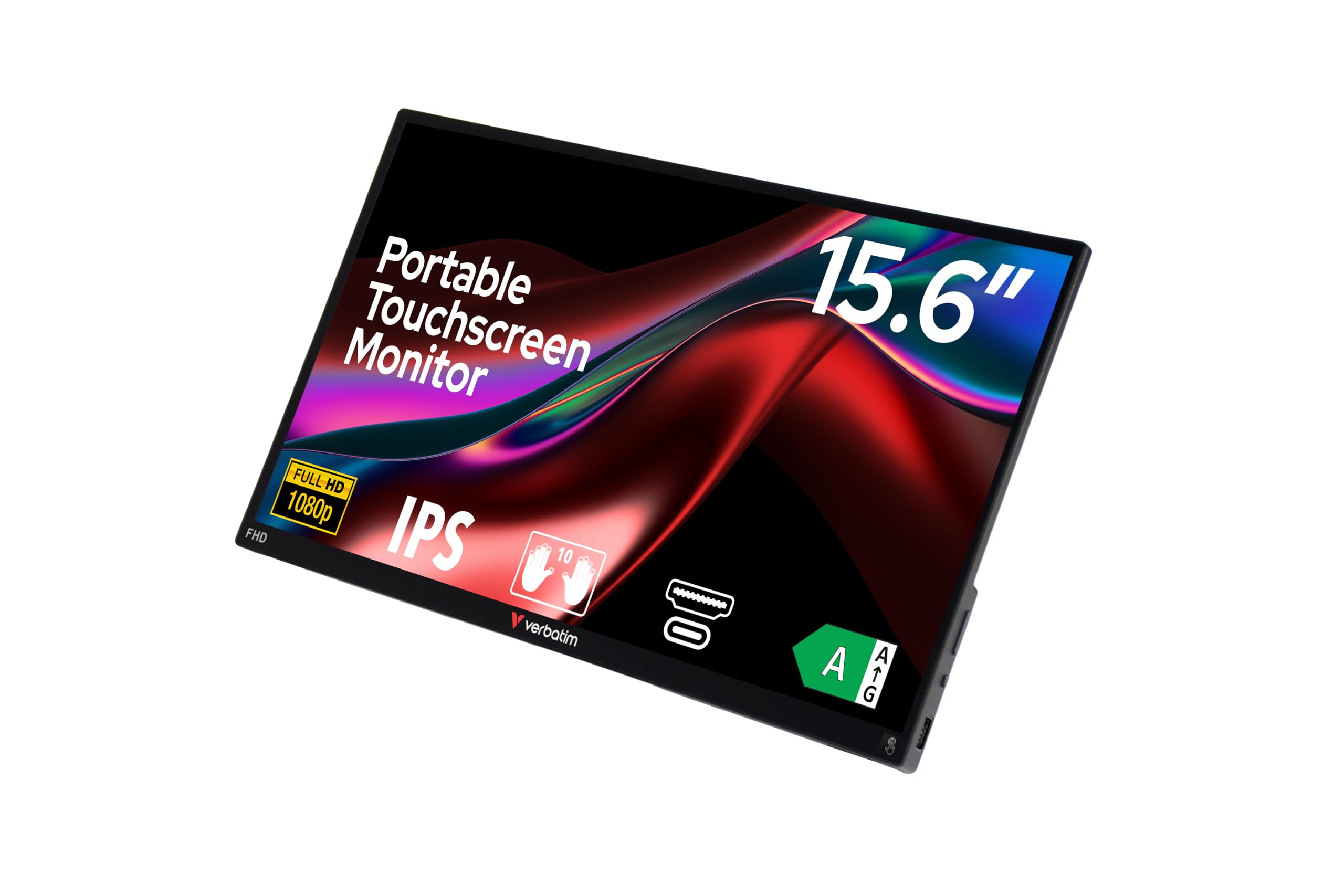 Verbatim Portable Touchscreen Monitor, mobiler 15,6" Full HD Bildschirm aus Aluminium für Laptop, Tablet, PS5 oder Nintendo Switch mit USB-A-, USB-C- sowie HDMI-Anschluss, schwarz