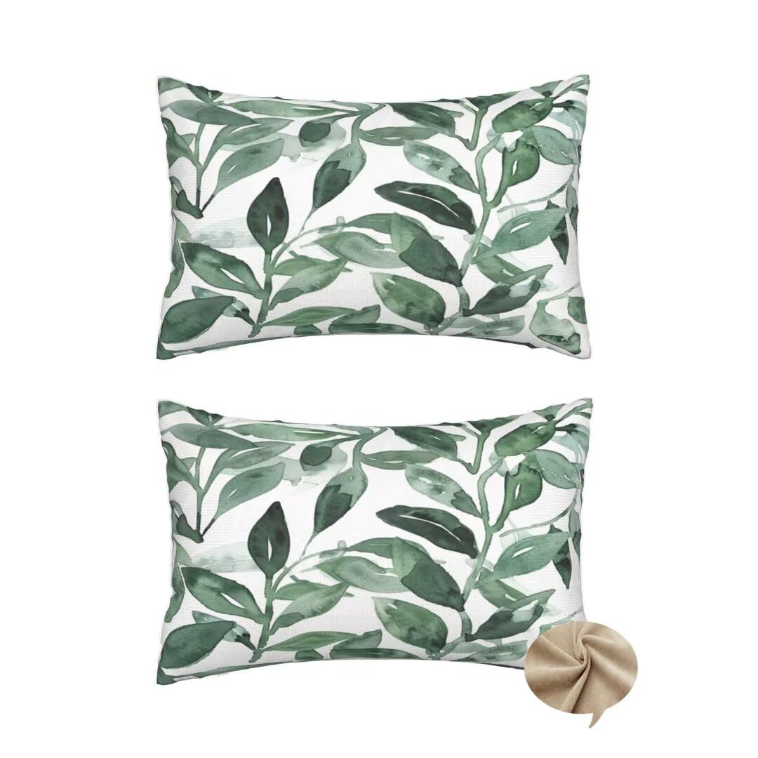 Washifa Green Olive Cushion Covers 12X20 Inch/30X50 Cm Set Of 2, Rectangle Leaves Cushions For Bed Home Decor, Soft Lumbar Cushions Covers Sofa Cushions Decorative Pillows For Bedroom Decor Gifts -J13