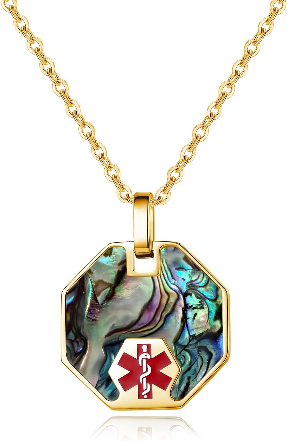 mnmoom Custom Engraved Medical Alert Necklace for Men Women Pearl/Shell Shiny set in Stainless Steel Octagon Medical ID Pendant with 24" chain