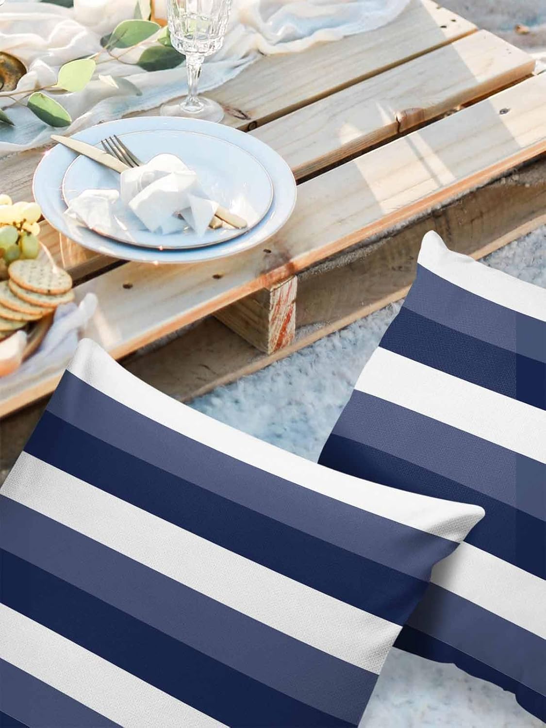 Navy Blue and White Striped Outdoor Waterproof Pillow Covers Pack of 2, Abstract Ombre Geometric Decorative Throw Pillowcases Polyester Cushion Covers for Garden Patio Tent Sofa Couch, 24x24 inch