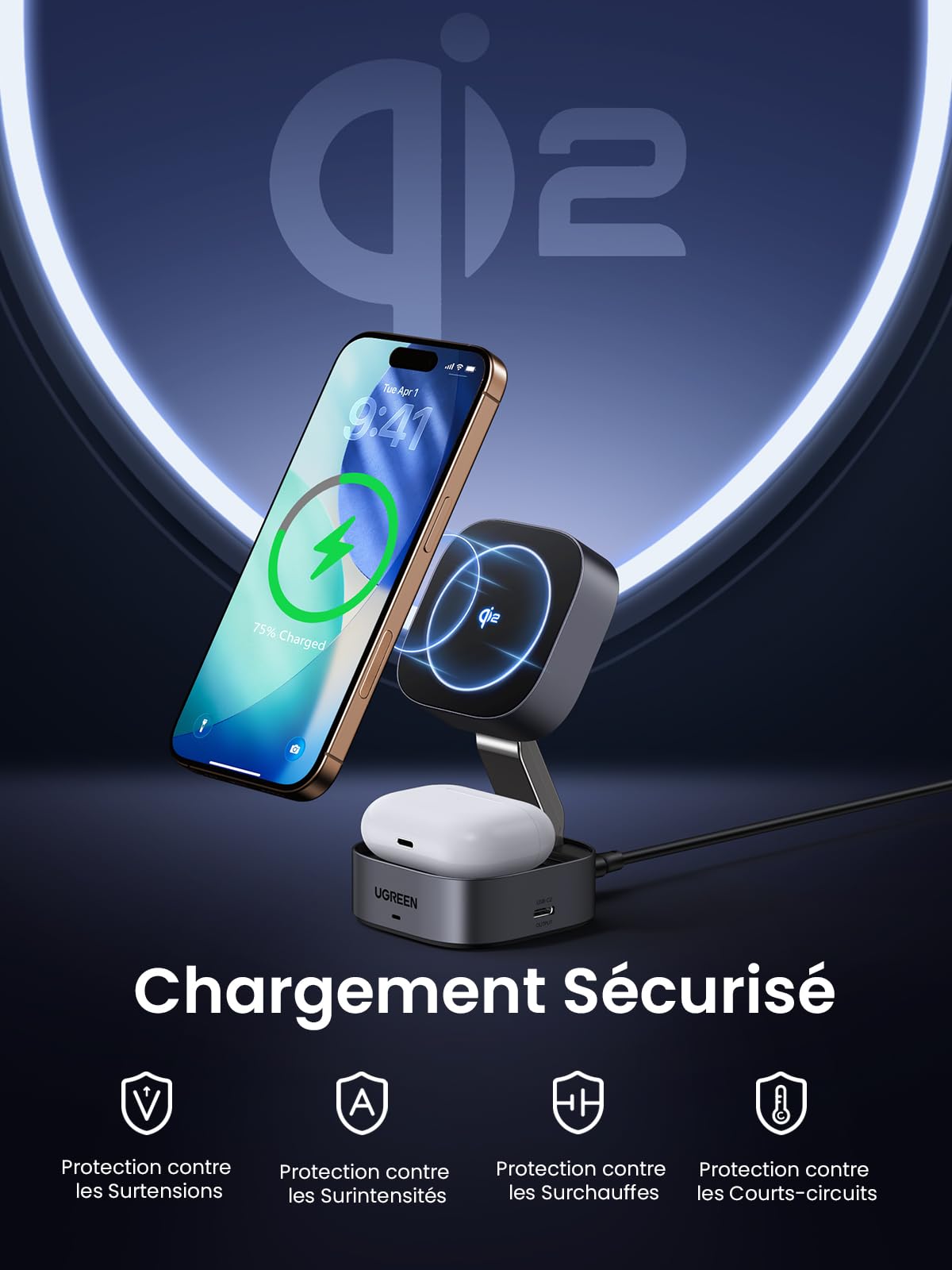UGREEN MagFlow Qi2 15W Chargeur Induction 2 en 1 Certifié Compatible avec MagSafe iPhone 17 16 15 14 13 12 Air Plus Pro Max AirPods 4 3 Pro 3 2 1 Chargeur sans Fil Magnétique Rapide Pliable Réglable