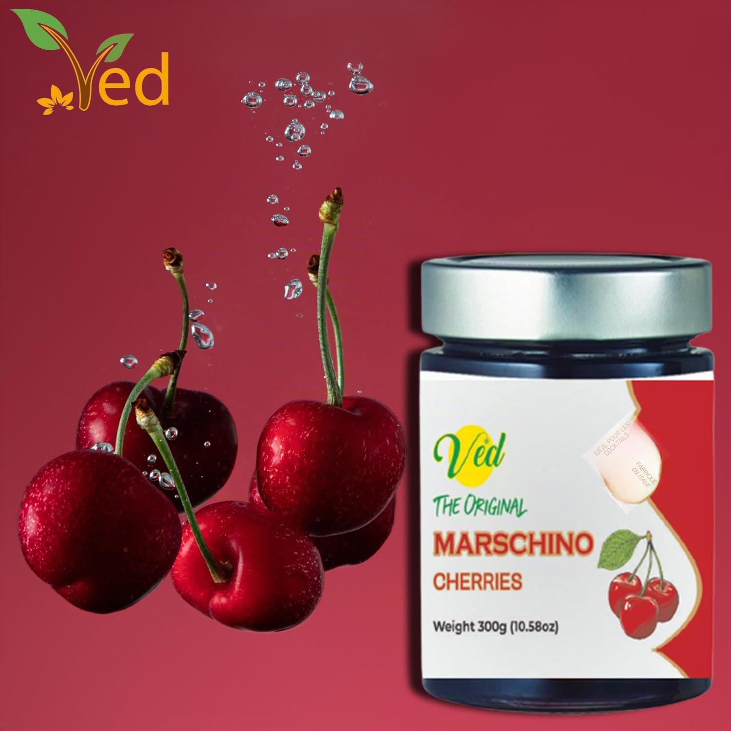 Ved Gourmet Original Red & Green Marasquin Cerises - Cerise Italienne pour Cocktails à l'Ancienne - Cocktail Vegan, Cerises Bourbon au Sirop Naturel pour Garniture Cocktail