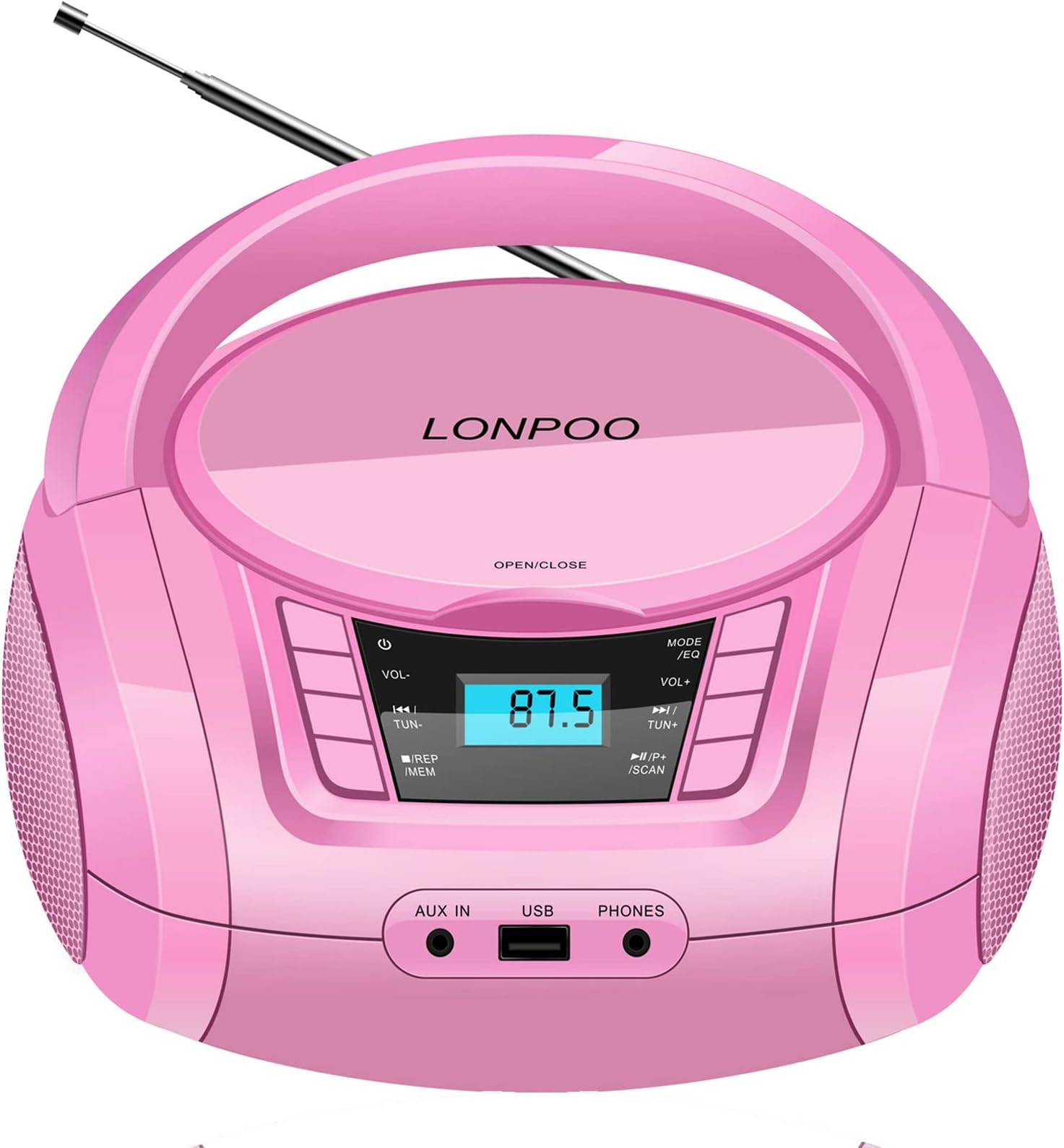 Portable Boombox - CD Player, Bluetooth, USB, MP3, AUX, FM Radio, Portable, Built-in Stereo Speakers, Carrying Handle, LCD Display, Pink