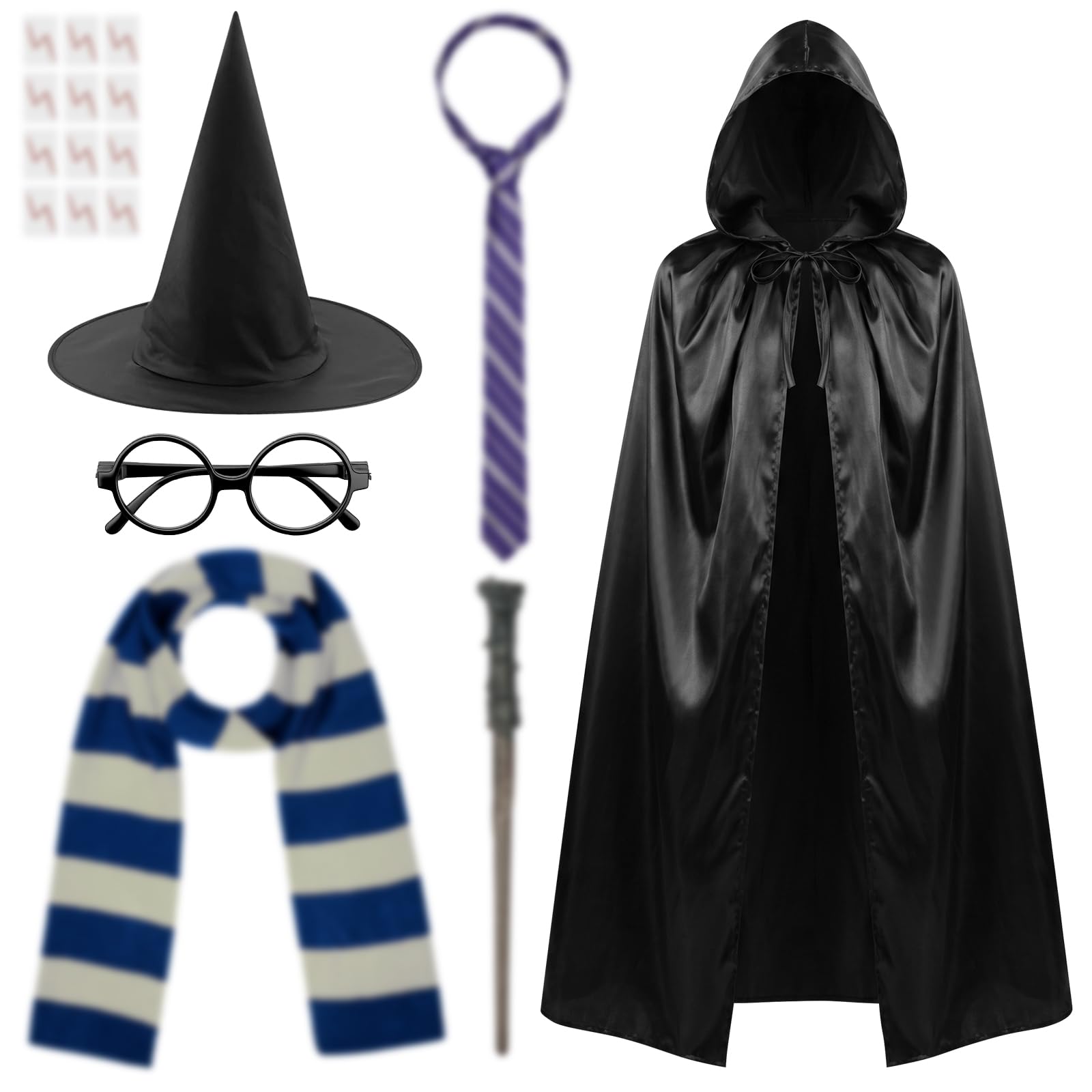 AUYAO 18 Pcs Wizard Costume Wizard Robe, Wizard Fancy Dress Up Costume with Magic Wand Cape Scarf Glasses Tattoo Sticker Tie Hat Cosplay Outfit for Book Day Halloween Men Women(100cm/39.37 inches) โ image 1