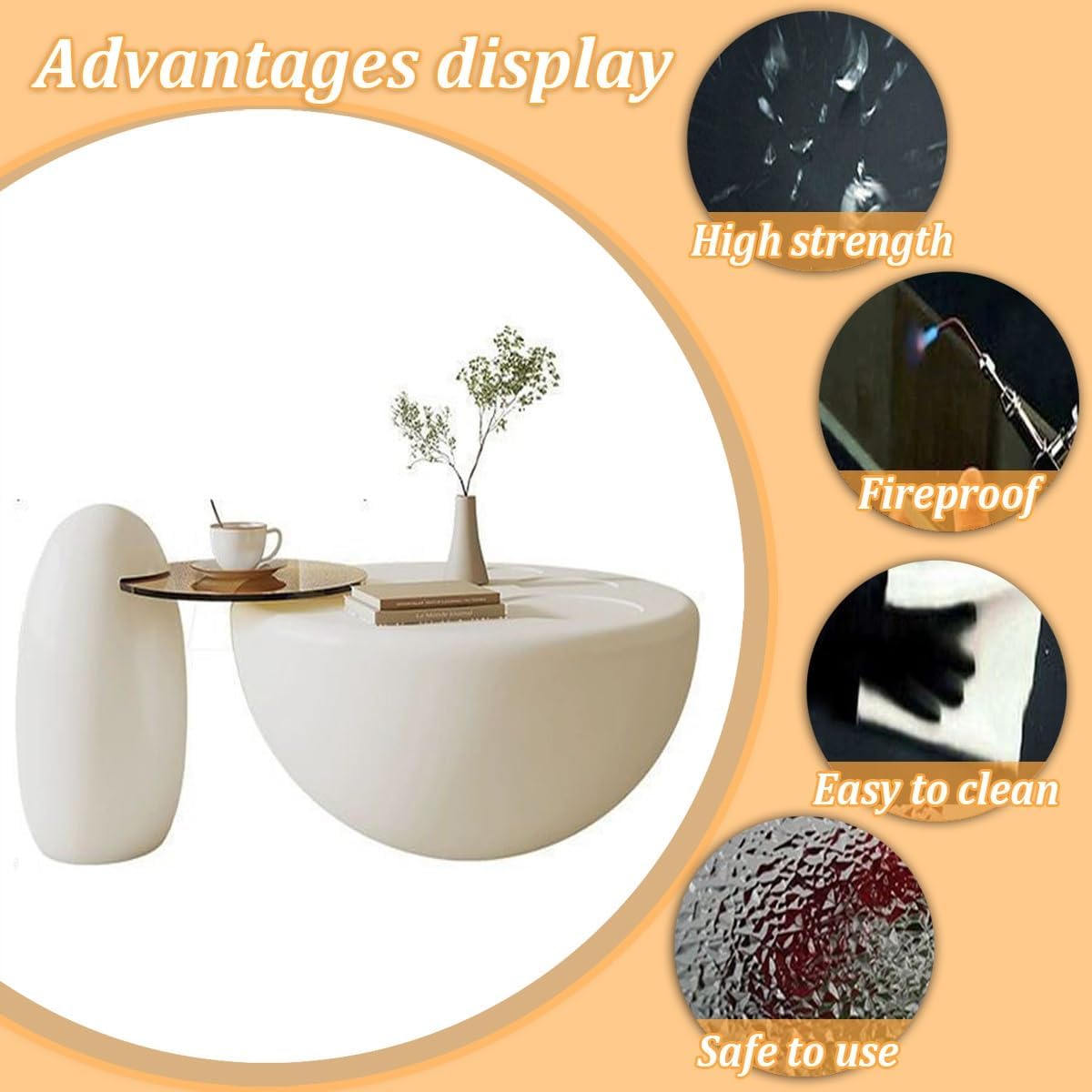 Unique Modern PE Material Coffee Table Set of 2,Cream Finish Sturdy Structure Thick Material Oval Coffee Table,Minimalist Center Tables for Living Room, Office