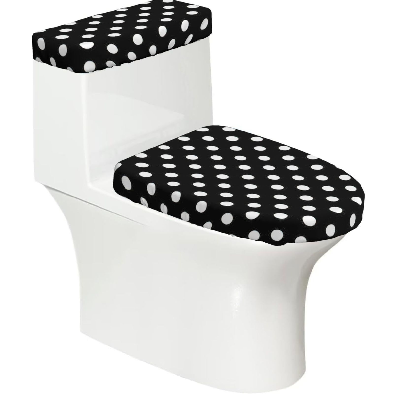 Black and White Polka Dots Print 2-Piece Stretch Toilet Cover Set, Elastic Breathable Toilet Seat and Tank Lid Protector