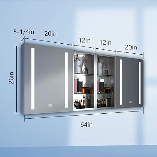 Miniatura 2 de ExBrite Botiquín de baño con luz LED con espejo 64 x 26 pulgadas botiquín LED con gabinete de almacenamiento extra cerrado desempañamiento