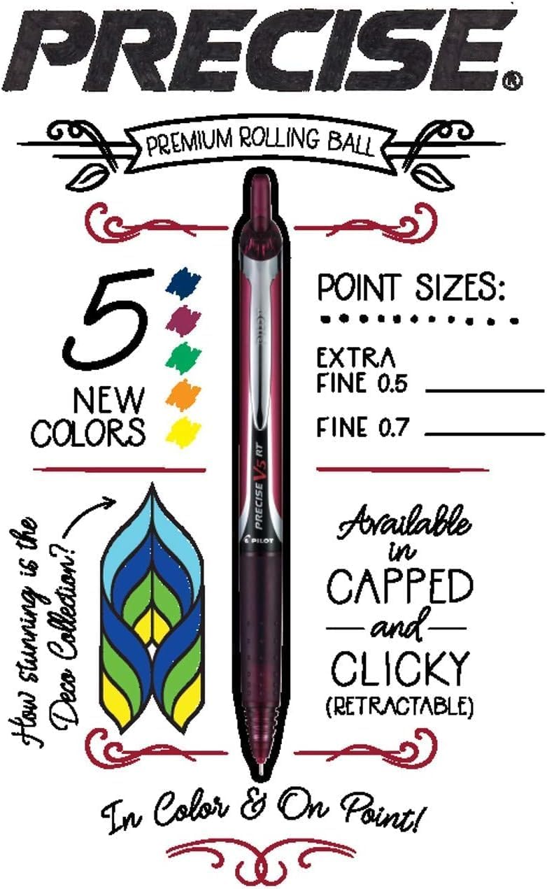 Precise V7 RT Retractable Rolling Ball Pens, Fine Point (.7mm), Assorted Colors, Black/Blue/Red Ink, 6-pk; Premium Comfort Grip, Bundle with Plastic Reusable Pouch