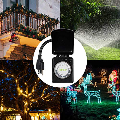 Bn-Link Compact Outdoor Mechanical 24 Hour Programmable Dual Outlet Timer - Plugin Timer, Waterproof, Heavy Duty #TOP4