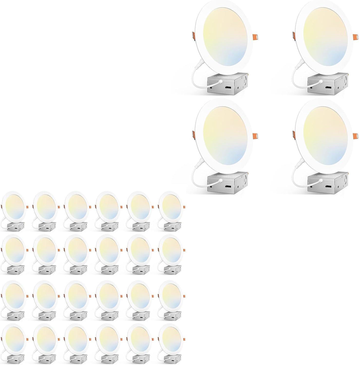 Amico 28 Pack 7 Inch 5CCT Ultra-Thin LED Canless Recessed Ceiling Light with Junction Box, 2700K/3000K/3500K/4000K/5000K Selectable, 15W=100W, 1300LM High Brightness, Dimmable Wafer Downlight-ETL&FCC