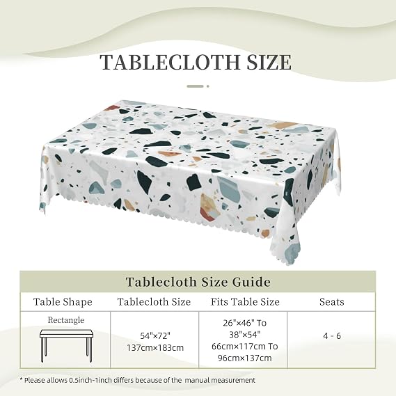 Lace Rectangular Tablecloth 183x137 Cm - White Terrazzo Printed Washable Table Cloth Waterproof Wrinkle Free Table Decoration Table Cover