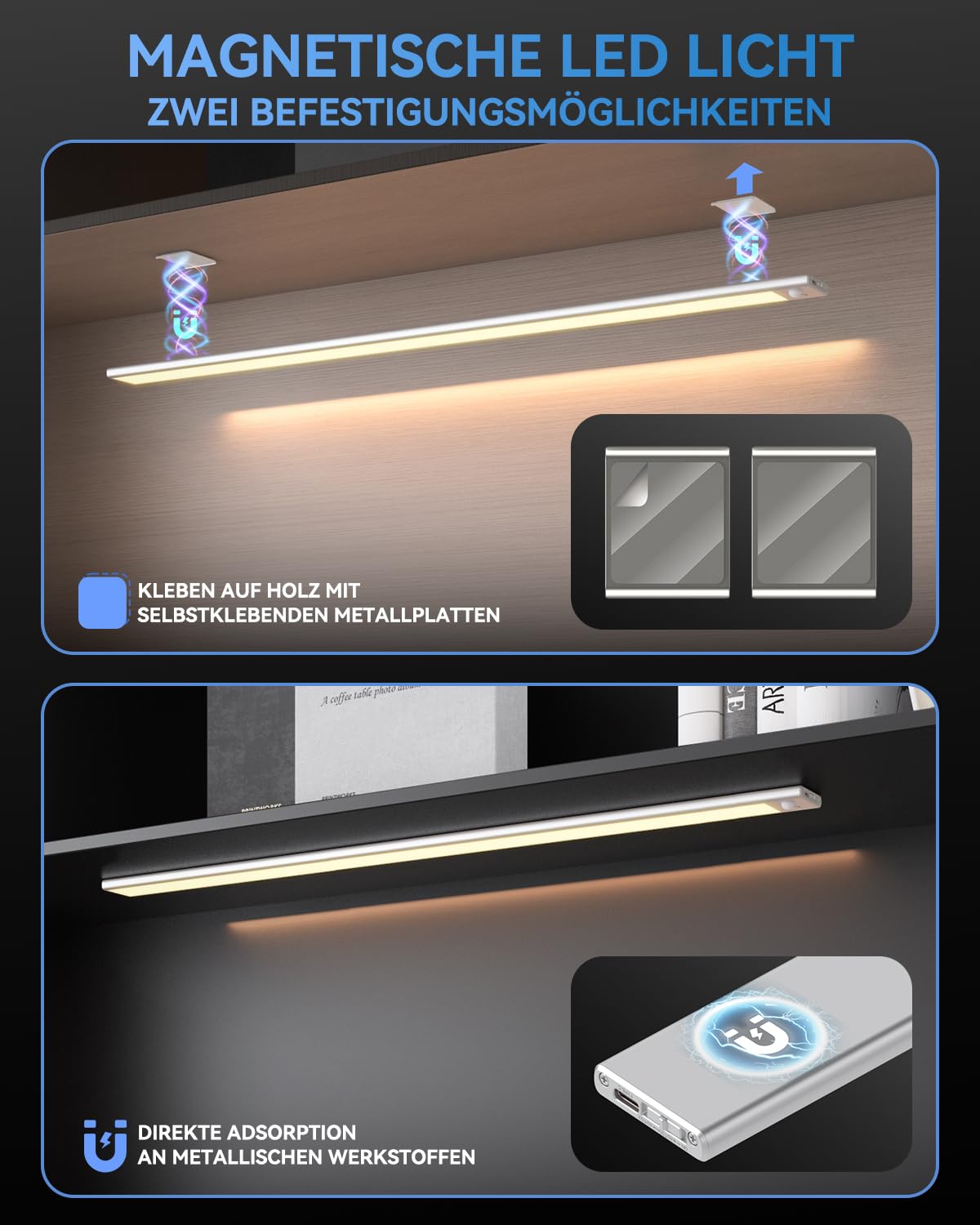 296 LED Unterbauleuchte Küche Dimmbar, 80CM Lichtleiste Schrankbeleuchtung mit Bewegungsmelder, 6600mAh wiederaufladbar Lampe Beleuchtung, 3 Farbmodi 2700-6500K magnetische leiste für Schränke