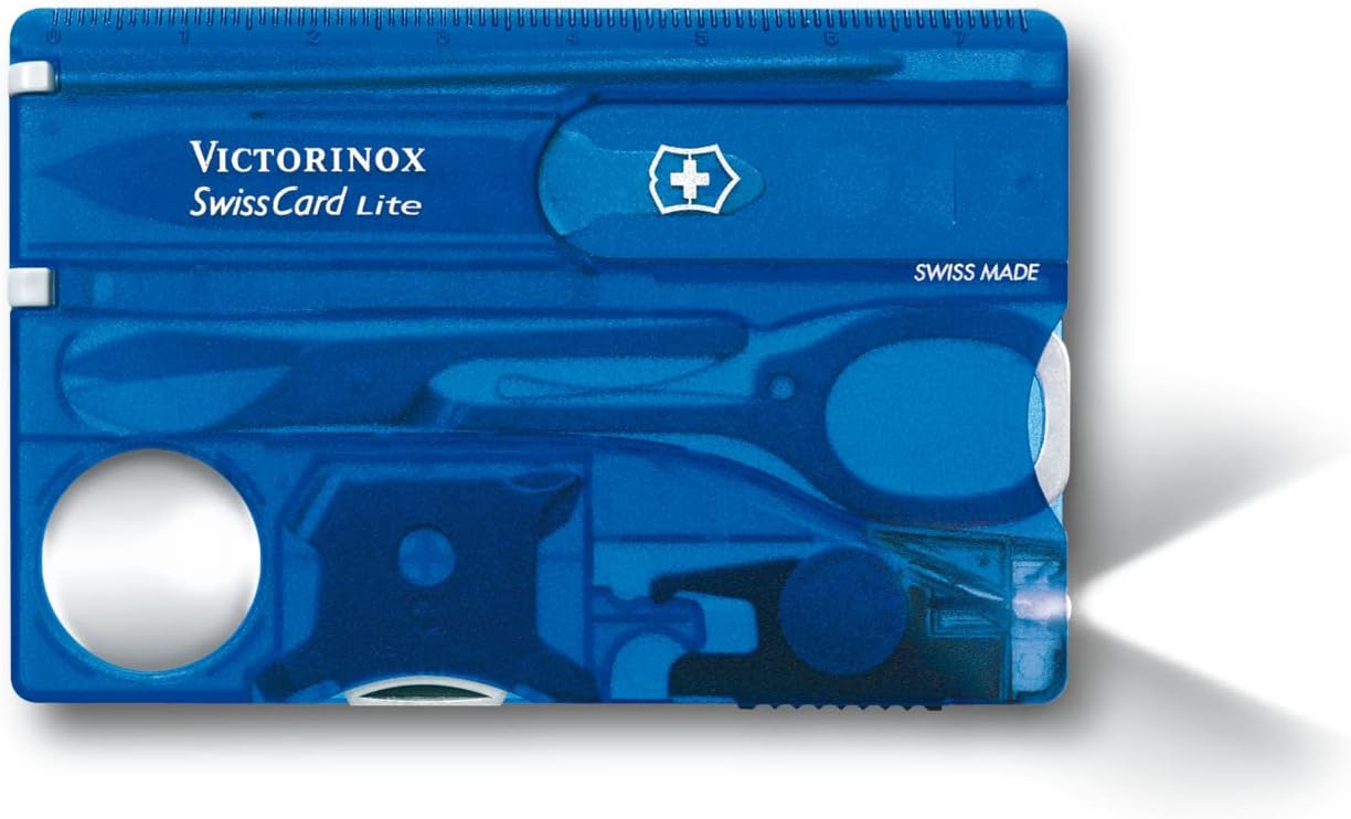 Victorinox Swiss Card Lite, Swiss Made Pocket Tool, 13 Functions, LED, Magnifier, Blue Transparent
