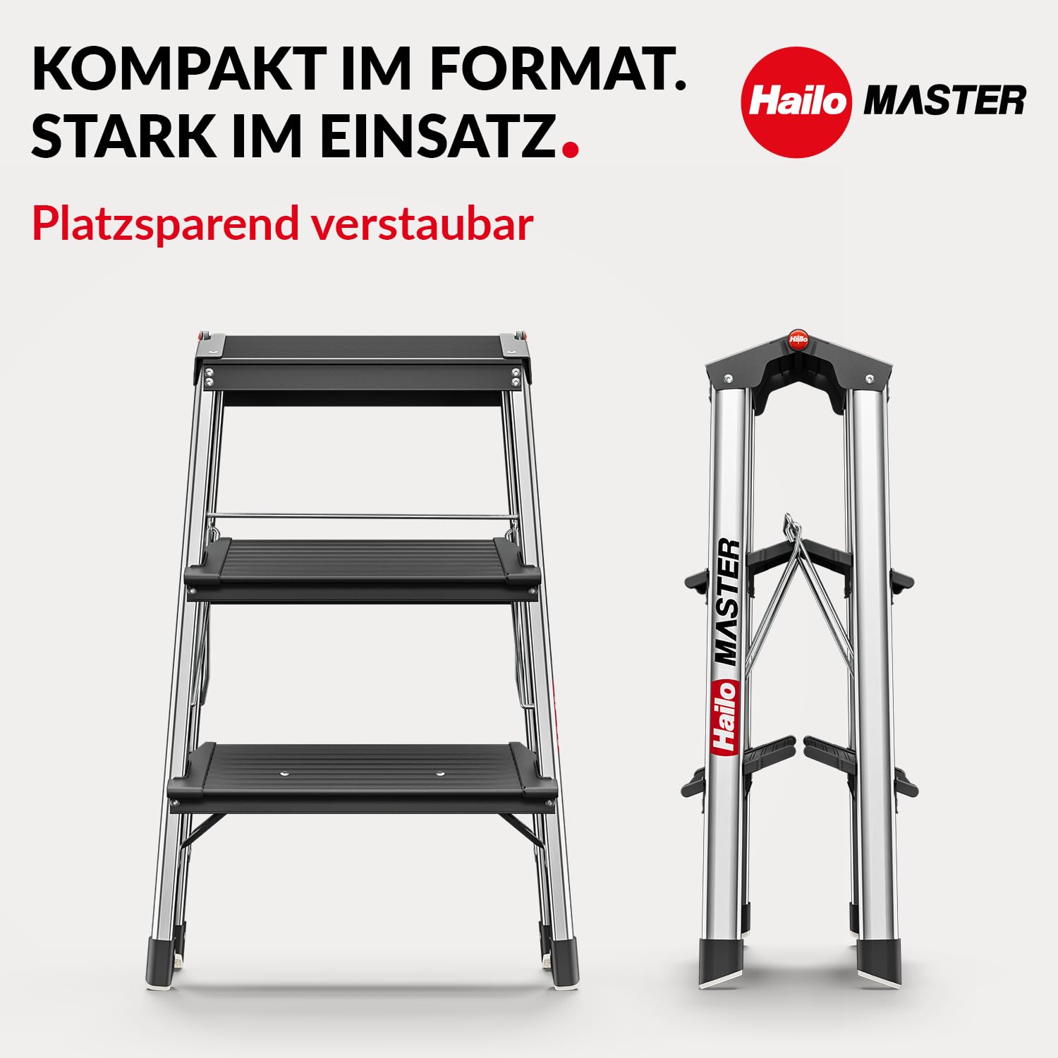 Hailo Master D70 Aluminium Doppelstufen-Trittleiter – kompakte & beidseitig begehbare Klappleiter - Rutschhemmende Stufen & gummierte Füßen - 2 x 3 Stufen - EN 14183 geprüft - belastbar bis 150 kg