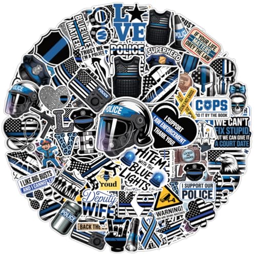 64PCS Police Stickers Law Enforcement and Blue Line Vinyl Decals for Police Officers Supporters and Families Laptop Helmet Car and Water Bottle
