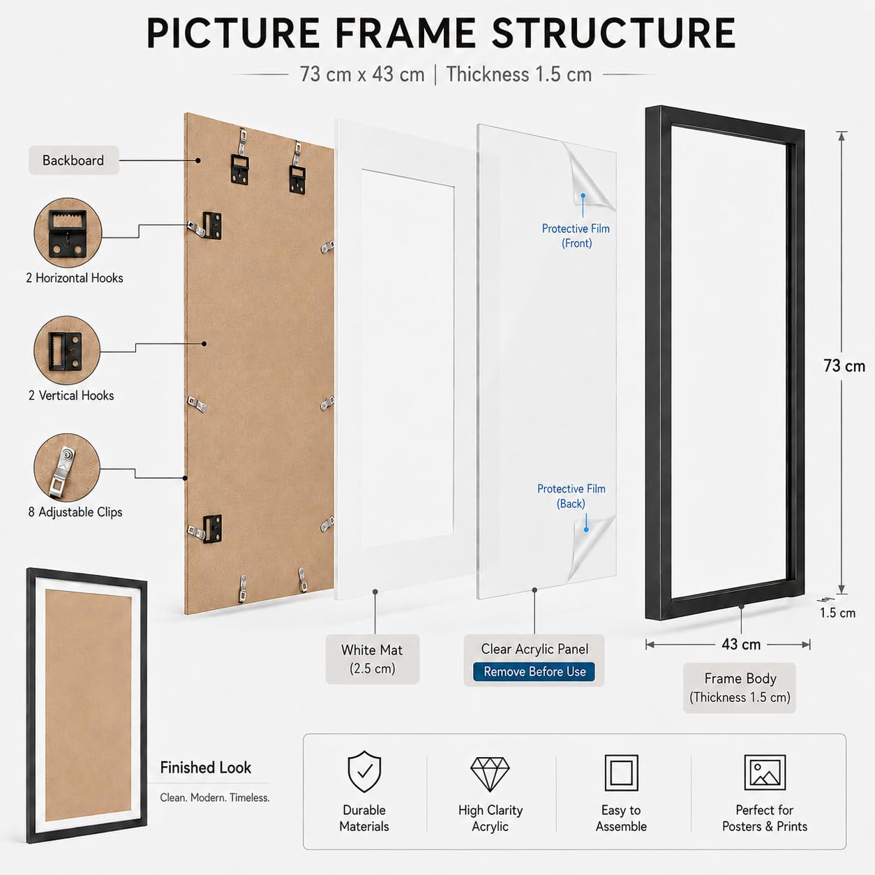 15,7x27,5 Zoll/40x70CM Groß Diamond Painting/Malen nach Zahlen MDF Bilderrahmen,Display 35x65cm mit Passepartout oder 40x70cm Ohne,Rahmen für Hoch- und Querformat Posterrahmen Puzzlerahmen