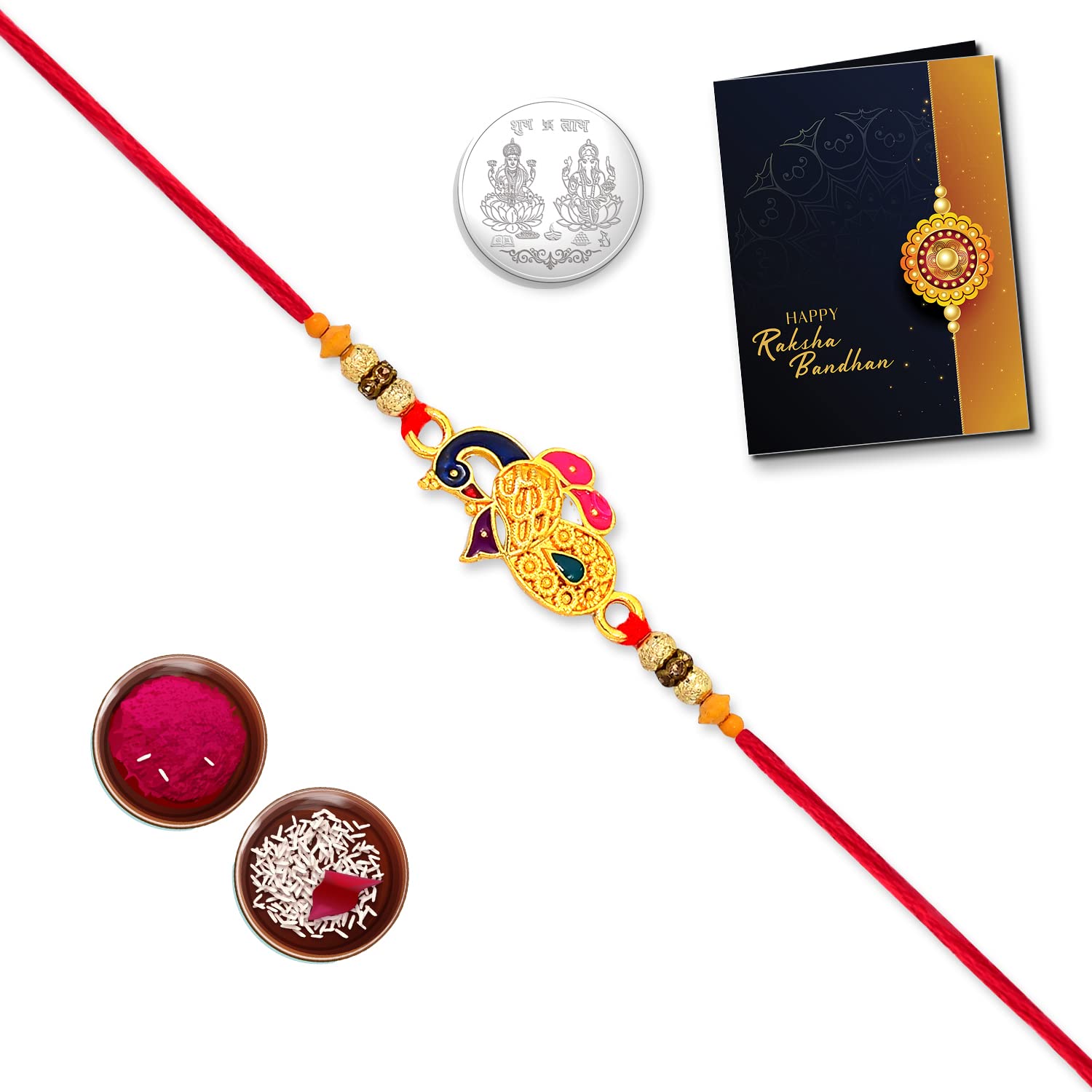 Multicolor Bracelet/Rakhi (K1_353) with Silver Color Pooja Coin, Tilak Set & Greeting Card, silver rakhi, silver rakhi. Rakhi wishes greeting card, Fancy Rakhi for brother, Rakhi for Little brother, handmade rakhi, bracelet for brother, bracelets for men stylish, Men bracelet, Set of 1-image-33