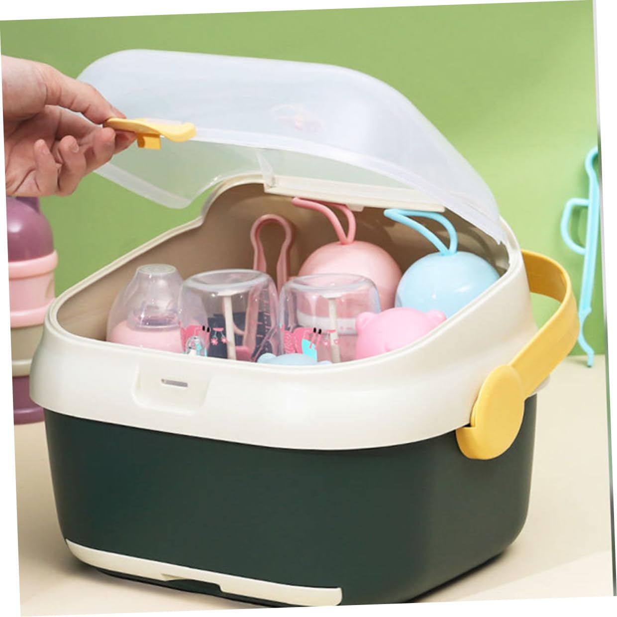 HEMOTON Babyflaschen aufbewahrungsbox Groß mit Deckel Staubdicht Babyflaschen trockengestell mit Ablage für Babytassen und Milchflaschen Küchenorganizer Grün weiß