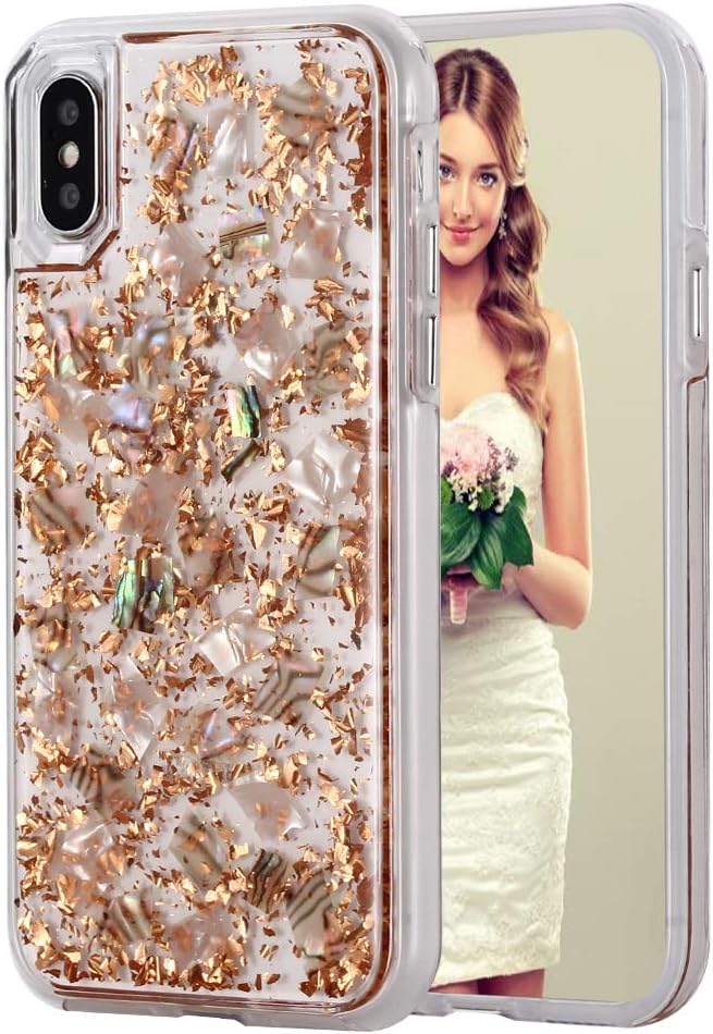 Compatible with iPhone 8 Plus Case, Women Glitter Shells Foil Sparkle Hard Back Cover with TPU Bumper Protective Phone Bling Case for iPhone 8 Plus / 7 Plus 5.5'' (Rose Gold)