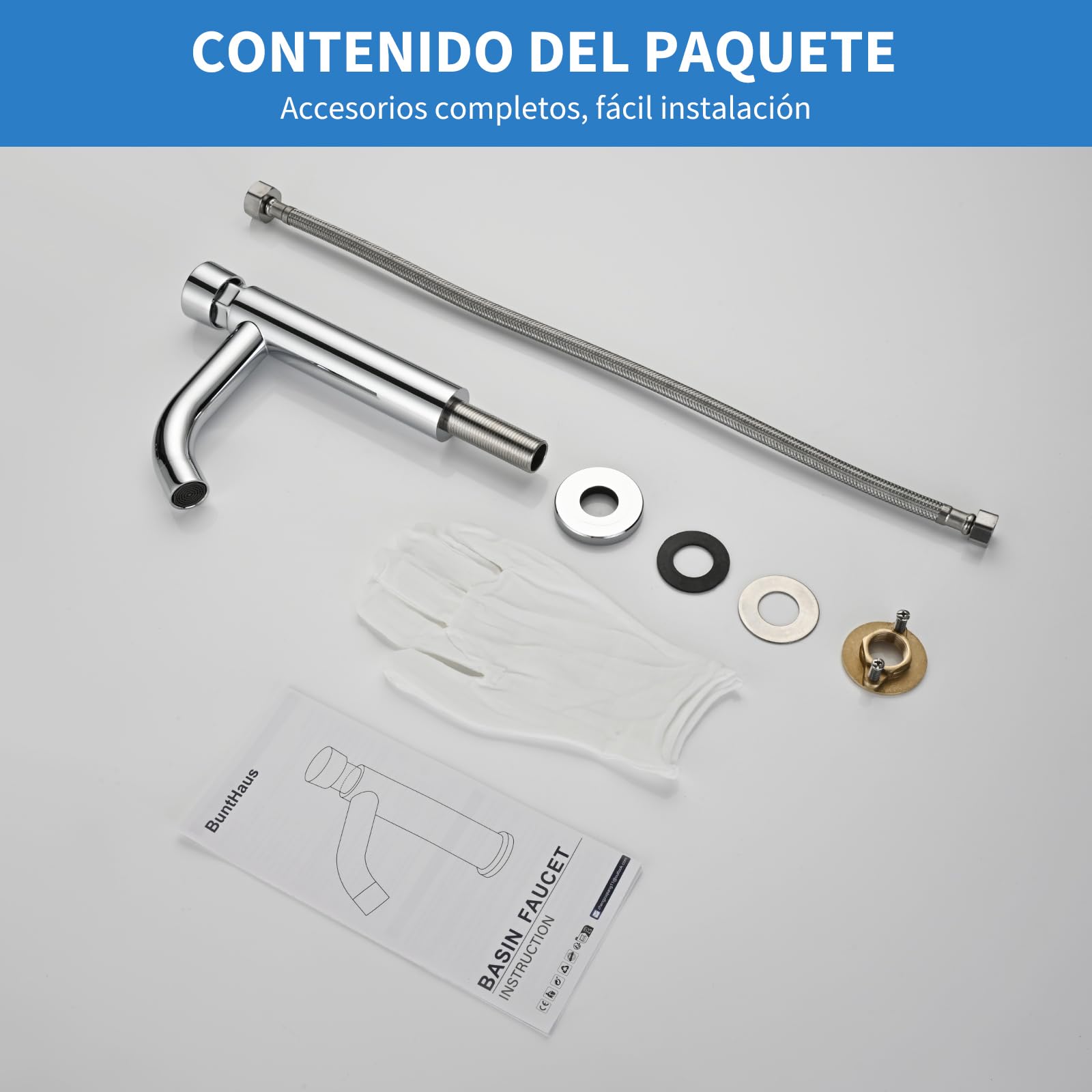 Grifo de Lavabo Solo Agua Fría, BuntHaus Grifo Pulsador Temporizador Con Cierre Automático, Grifo de Baño Cromada Acero Inoxidable