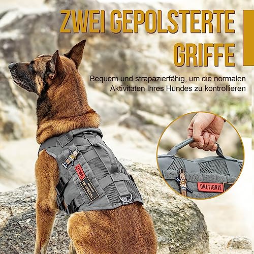 OneTigris Hundegeschirr Grosse Hunde, AIRE MESH Taktisches Anti Zug Geschirr mit 2 Griff Verstellbar Brustgeschirr No Pull Dog Harness Atmungsaktiv Grau XL