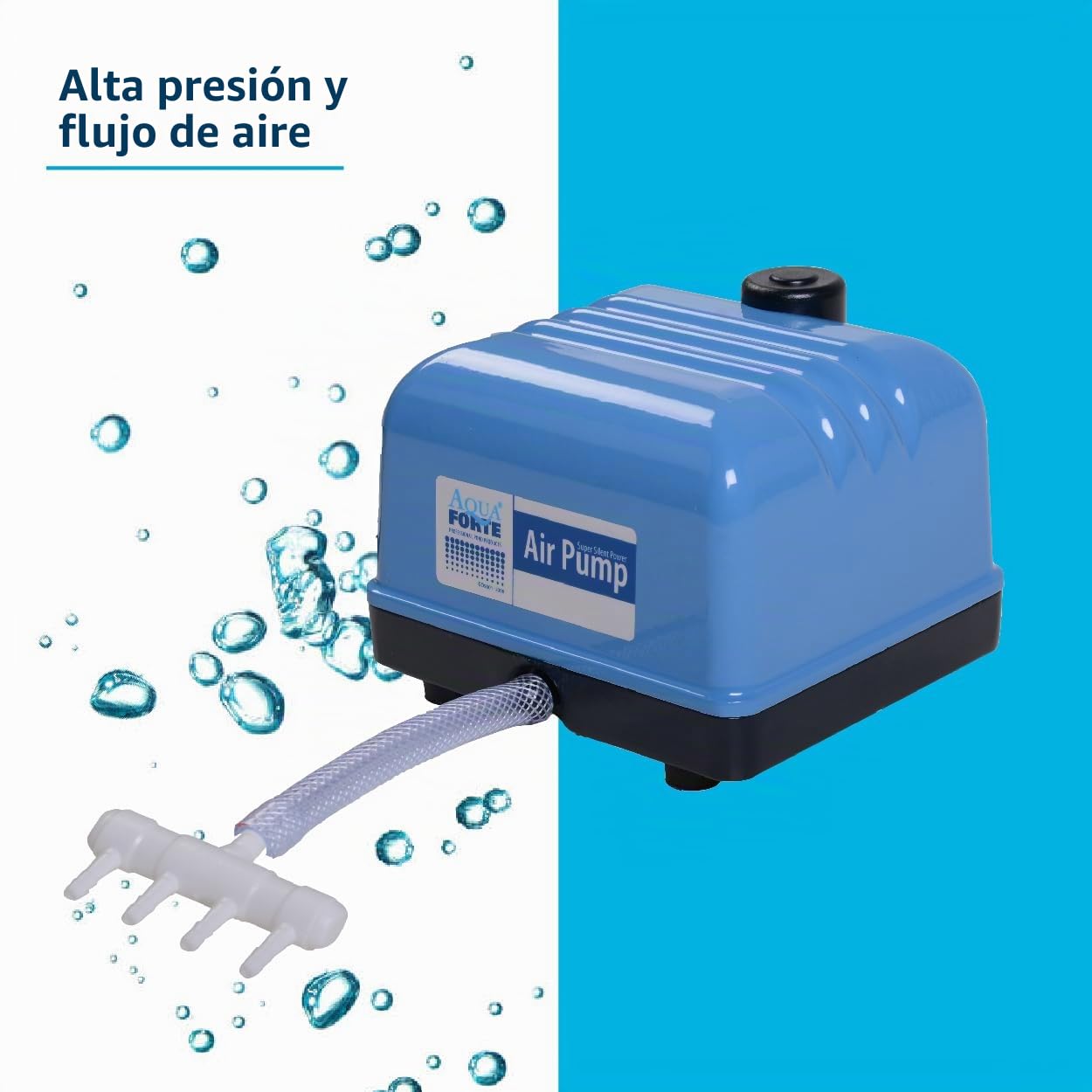 AquaForte Bomba de aire AquaForte Hi-Flow V-30, Carcasa de aluminio, Silenciosa y potente, Potencia 25 vatios, Capacidad a 2 metros 7 litros por minuto, Capacidad del estanque 18 m3, No regulable