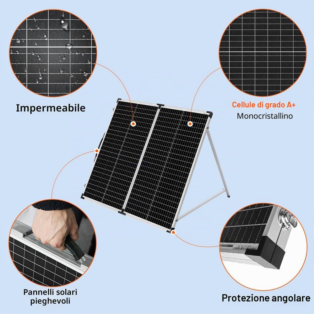 DOKIO 160W 18V Pannello Solare Portatile Pieghevole Monocristallino per batteria da 12V con regolatore di carica solare (2 porte USB) + borsa per il trasporto