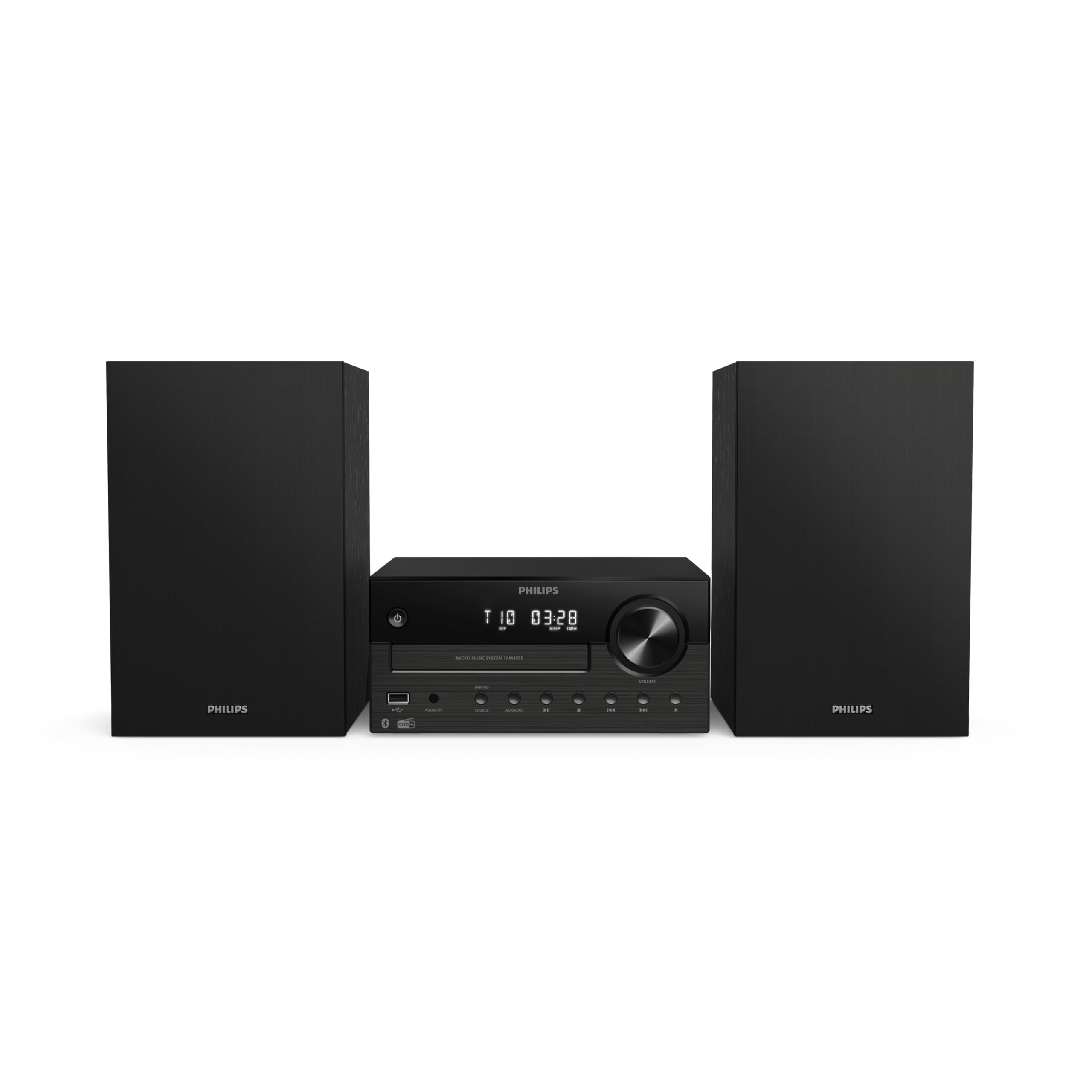 Philips TAM4555M2 Sistema Micro Hi-Fi –100W, Altavoces con Bass Reflex, DAB+/ FM, CD, USB, Entrada Audio, Bluetooth 5.4, Auracast, Control Remoto, Preconfiguraciones Sonido Digital, Embalaje Ecológico