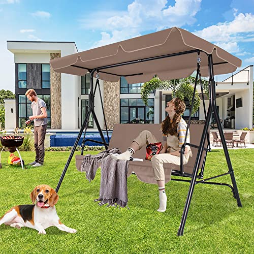 Funny Sunny Outdoor Patio Swing Chair With Canopy,3 Seater Porch Swing Chair With Adjustable Canopy And Removable Cushion For Patio Garden Poolside Balcony Backyard, Brown #TOP21