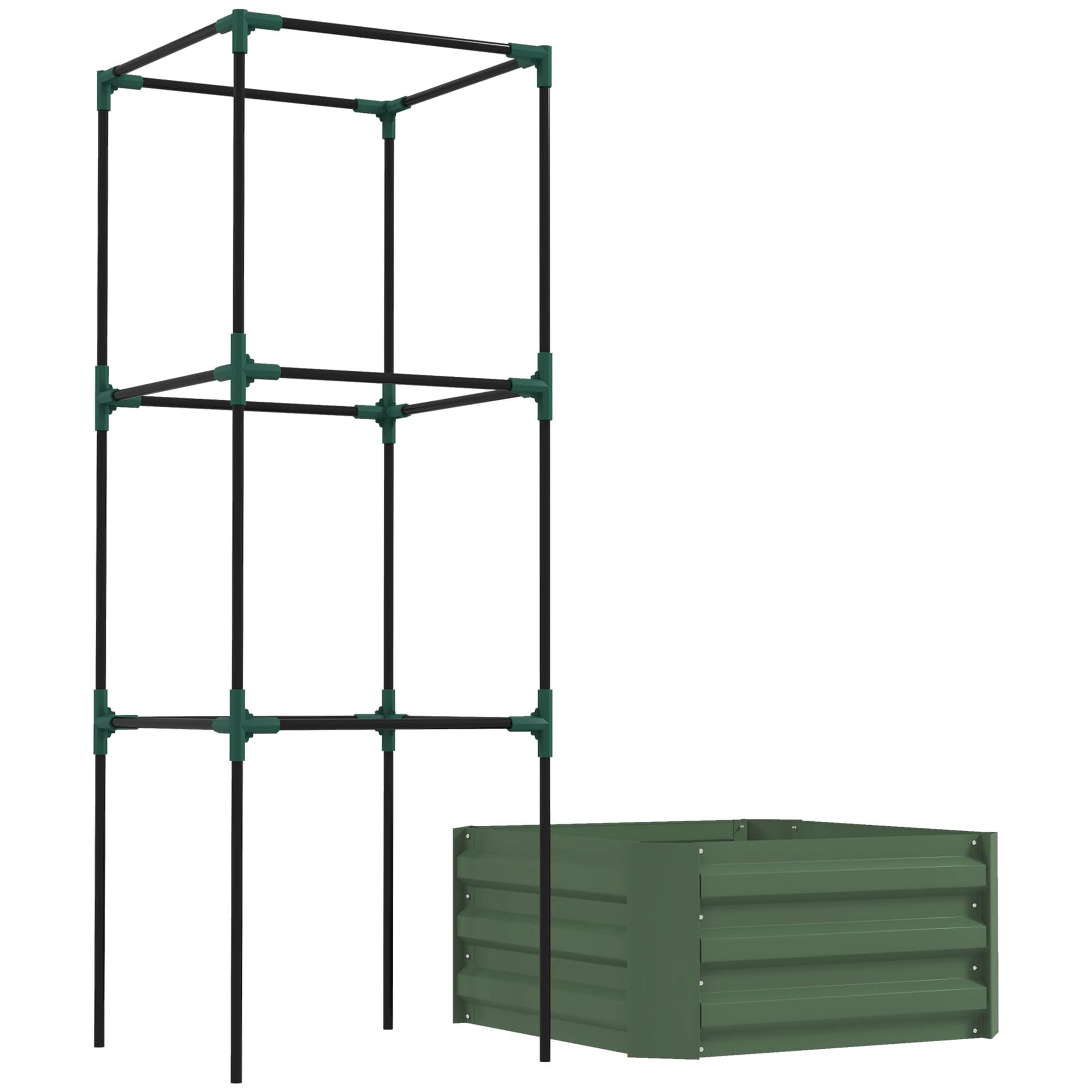 Outsunny Jardinera Exterior Grande de Acero Galvanizado Jardinera de Exterior con Celosía para Plantas Trepadoras y Fondo Abierto para Patio Terraza Balcón 61x61x140 cm Verde