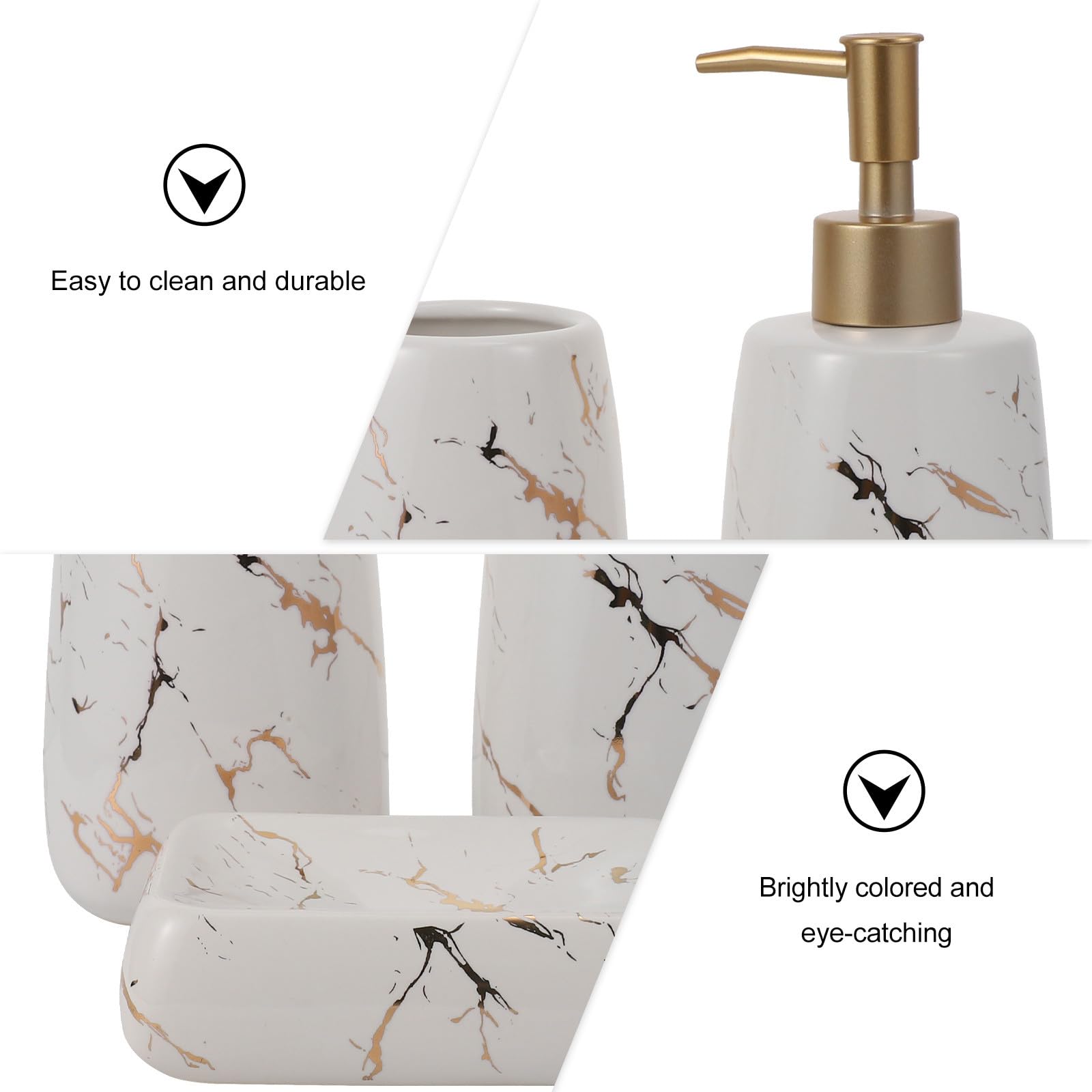 Set di 3 Accessori Bagno in Marmo Lucido Bianco, Contenitore Sapone, Portaspazzolino e Flacone Lozione, Compatto e Portatile per Organizzazione Lavabo e Igiene Quotidiana