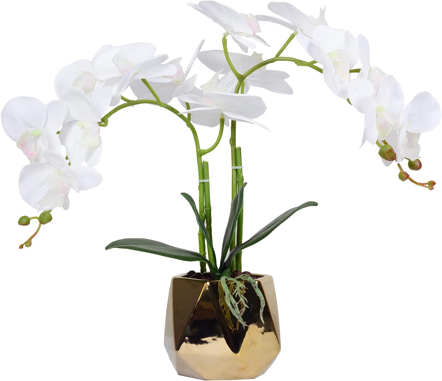 W&W Artificial Orchid Plants & Flowers Arrangement in Ceramic Pot, Fake Faux White Orchid with Gold Vase, Realistic Phalaenopsis Orchids for Home Decor Indoor, 15 * 17" White-gold