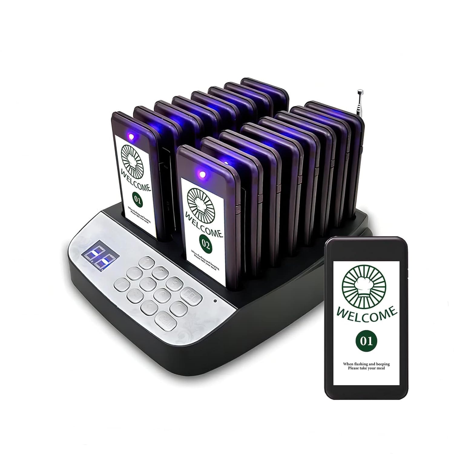 bequest restaurant pager system, wireless customer service calling system, social distancing keeping 16 pagers, doorbells, queue queue signal beeps, paging system