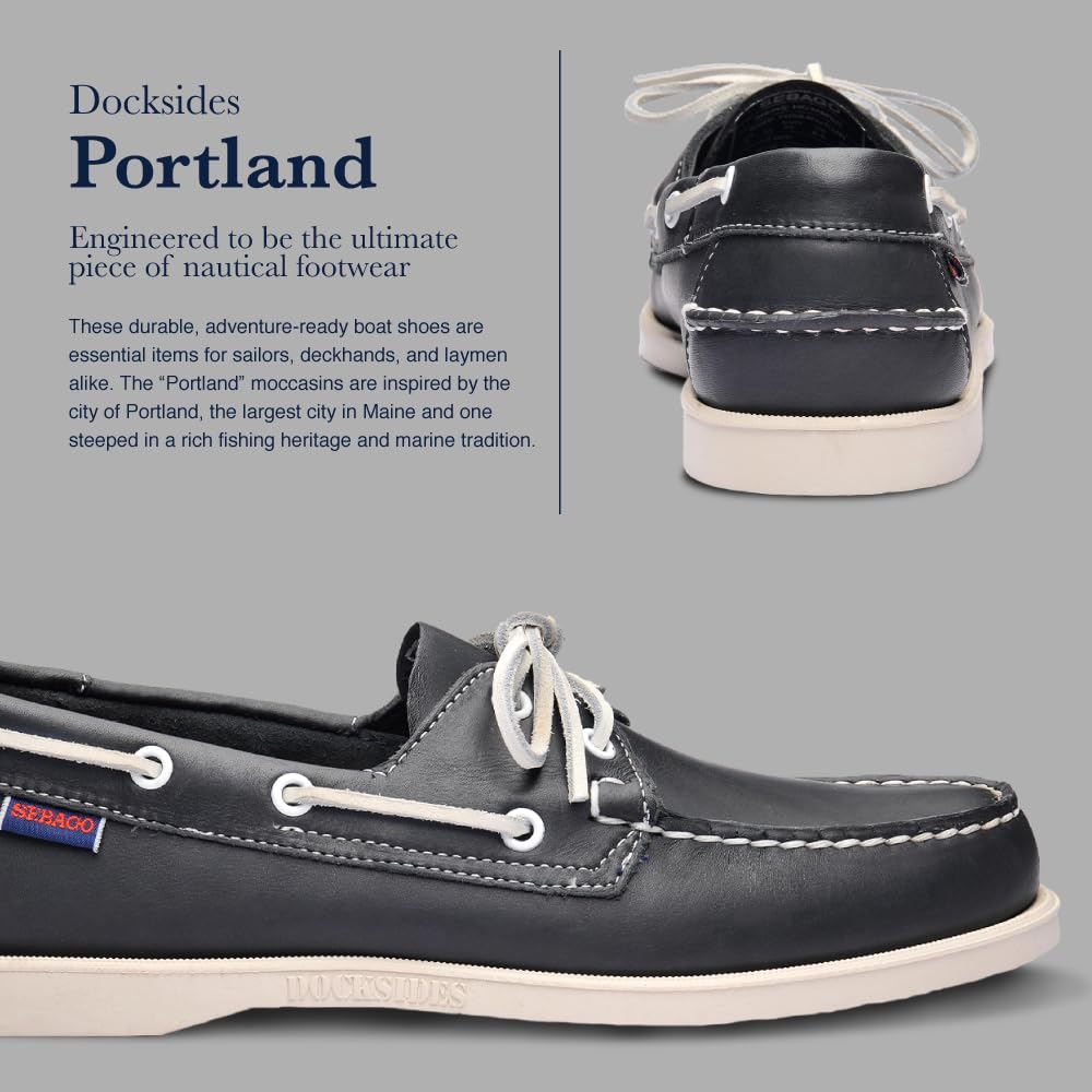 Sebago Portland Chaussures bateau cirées – Mocassins en cuir ciré cousus à la main avec doublure en cuir et semelles extérieures en caoutchouc antidérapantes non marquantes, marron foncé