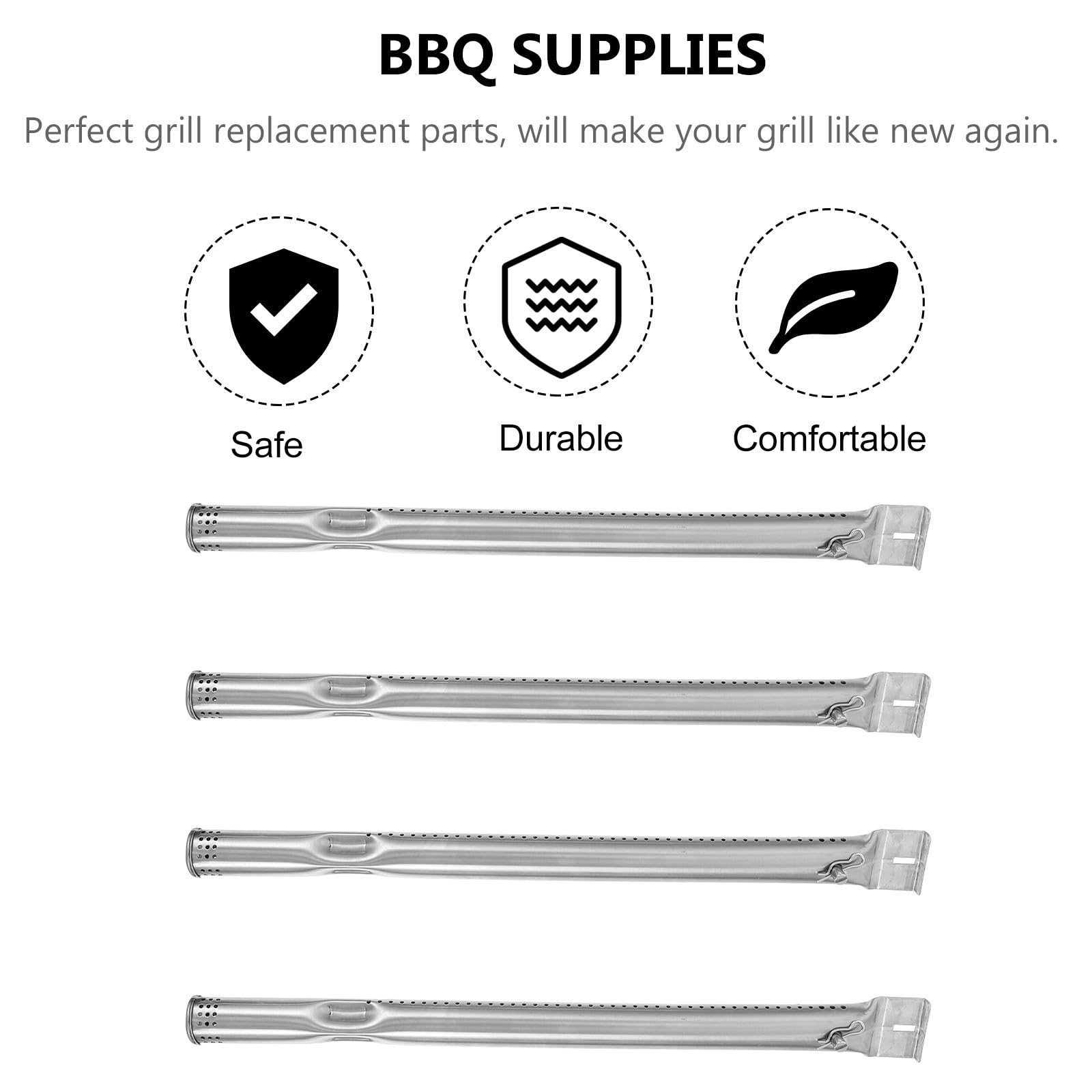 TEHAUX Tubo de Quemador de Acero Inoxidable de Parrilla de Gas 4 Piezas | Color Plata, Resistente a Altas Temperaturas y Fácil de Instalar, Pieza Portátil que No se Deforma