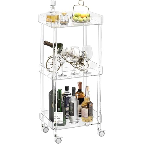 HMYHUM Small Acrylic Bar Cart, 15.2" L x 11.2" W x 34.2" H, 3 Tier Mini Rolling Serving Cart with 4 Lockable Wheels for Home Bar, Kitchen, Living Room, Modern, Clear
