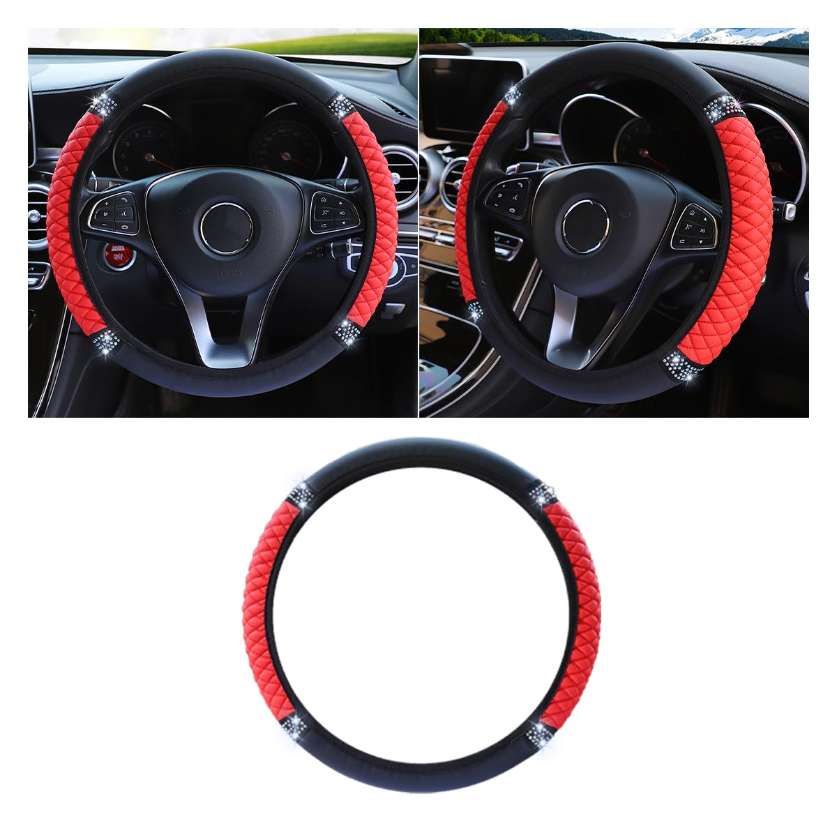 JOYCOURT 15 Inch Bling Soft Leather Car Steering Wheel Cover, Red