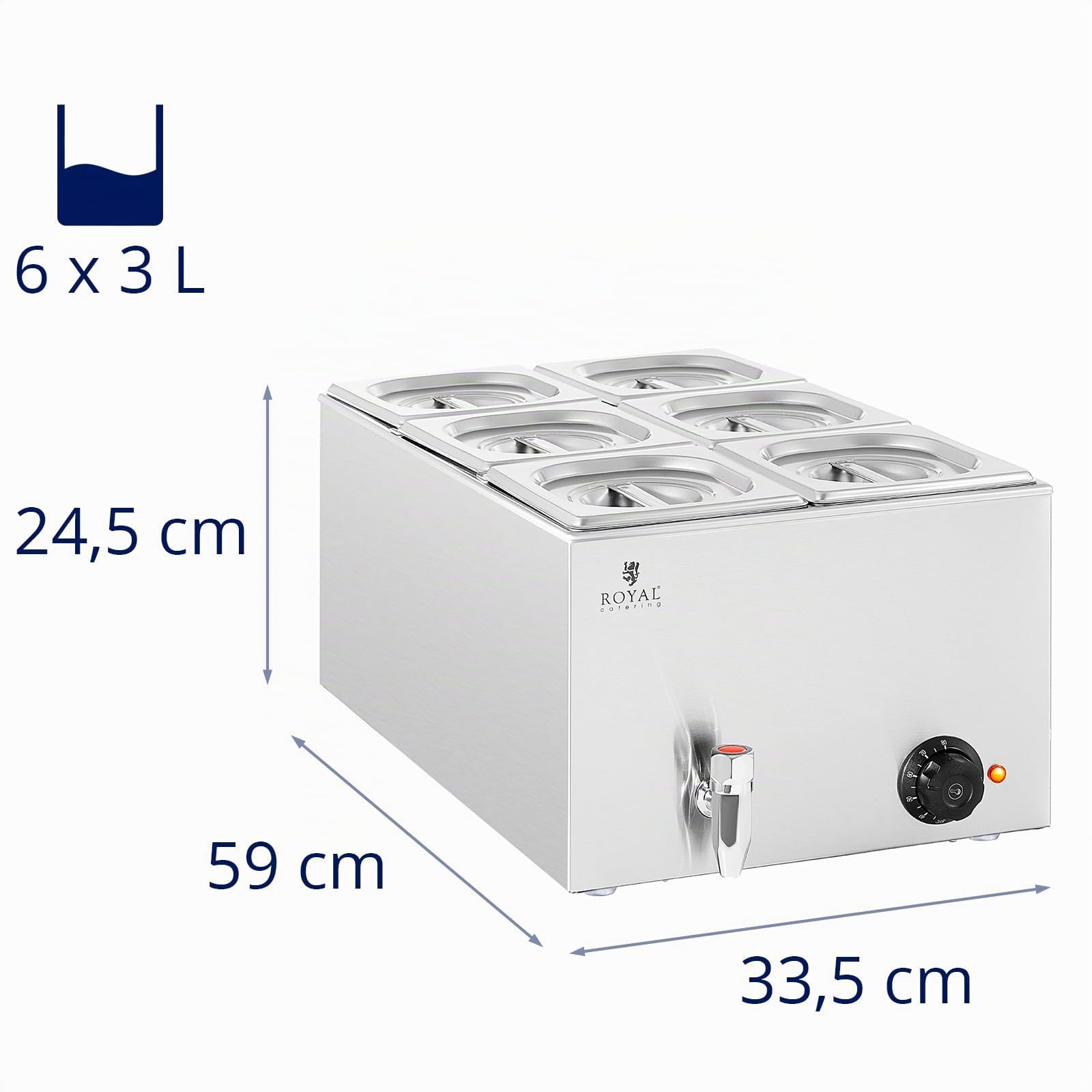 Royal Catering RCBM_GN1/6 Bain Marie 600 W 6 GN 1/6 Rubinetto di scarico a bagnomaria