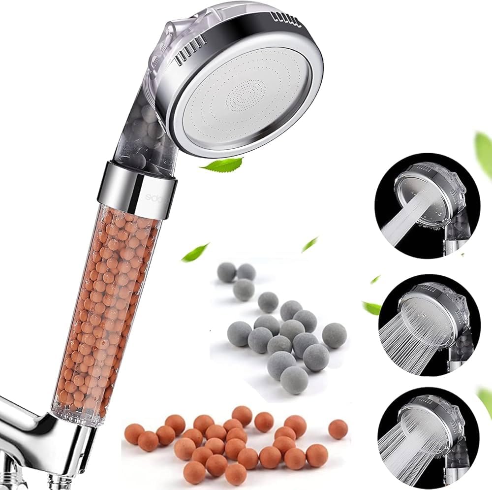 Filtered Handheld Shower Head – High Pressure, Water Saving, 3 Mode Function, Ionic Beads Purifies Water, Removes Chlorine, Reduces Hair Loss, Ideal for Dry Skin & Hard Water with Extra Filter Stones