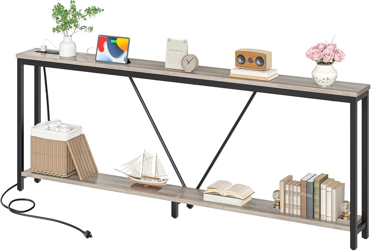 HOOBRO 78.7" Extra Long Sofa Console Table with Charging Station, 2-Tier Behind Couch Table with V-Brace, for Narrow Entryway, Hallway, Living Room, Greige BG206UXG01