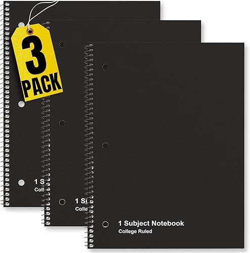 1InTheOffice Cuaderno espiral de 8.5 x 11 pulgadas, cuaderno de alambre con rayas universitarias de 1 materia, 70 hojas, negro, (paquete de 3)