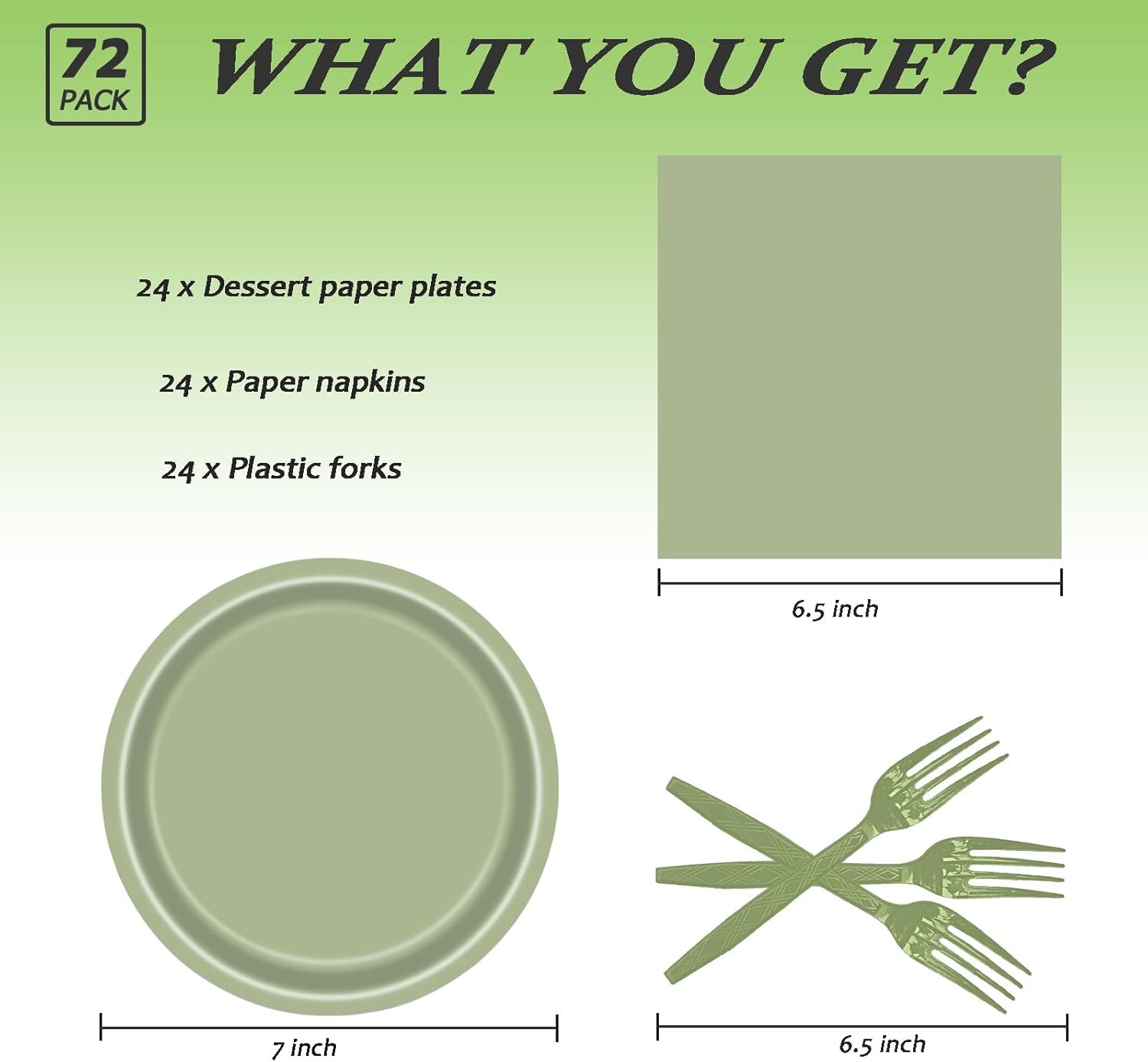 72 Pcs Sage Green Paper Plates 7in Disposable Dessert Plates Napkins and Forks Party Tableware Set Decoration Supplies for Birthday Baby Shower Wedding Holiday Graduation Bridal Shower Party, Serve 24 - Image 2