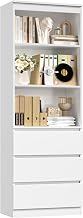 FirFurd High Bookcase Storage Unit 6 Shelves White | 180x60x35cm, Bookcase book with 3 drawers, Raised base, Built-in handles, Bookcases for living room, office, bedroom