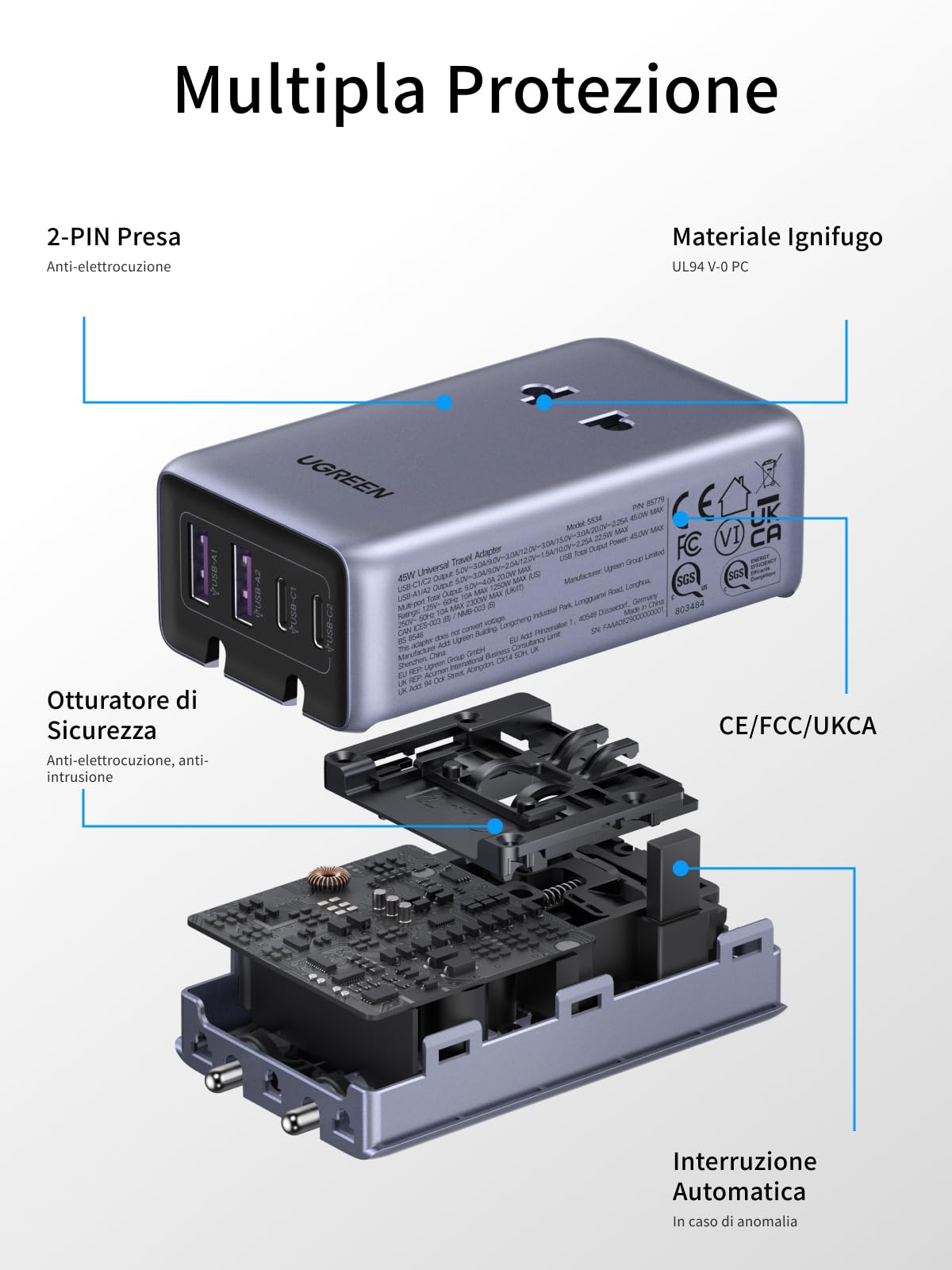 UGREEN 6 IN 1 Adattatore Universale da Viaggio PD 45W 2 Prese AC 4 USB | Tipo A I G C E K, 2 USB C 2 USB A, Presa Universale per Italia UK USA Germania Canada Australia Thailandia Giappone Cina