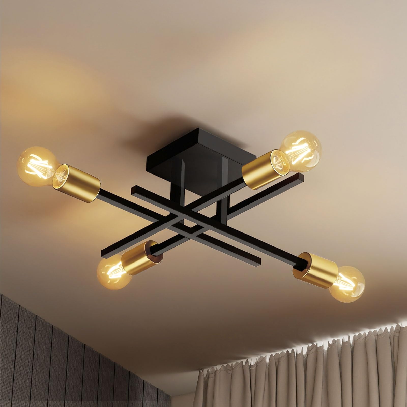 Emitto Chandelier Ceiling Lights Living Room, 4 Light Modern Sputnik Industrial Ceiling Light, Black and Gold Metal Flush Mount with E27 Base, for Bedroom, Kitchen, Dining Room, Hallway