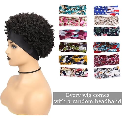 Miniatura 6 de WIGER Peluca corta afro rizada con diadema afro, peluca de cabello humano virgen brasileño, pelucas rizadas afro para mujeres negras (negro)