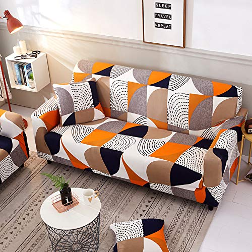 Housse de canapé d'angle orange noir blanc extensible 3 places lavable