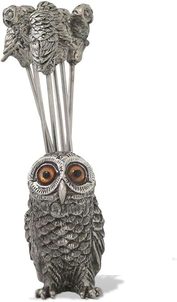 Vagabond House Owl Cheese Pick Set - Pewter & Stainless Steel Cocktail Skewers - 3.5 Inch Tall - Perfect for Entertaining